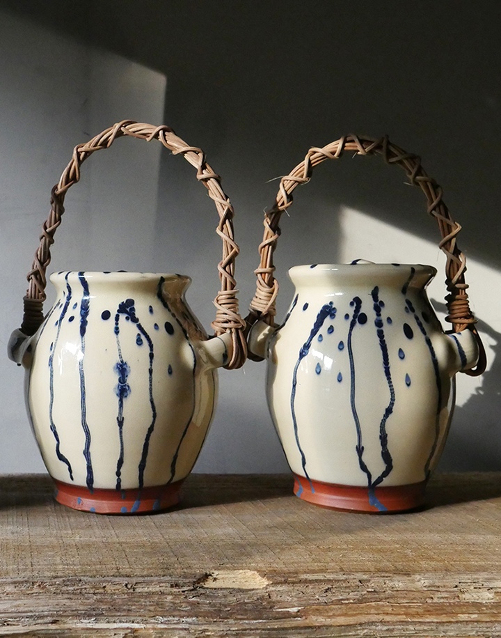 Hannah Elliott slipware jars with woven handles